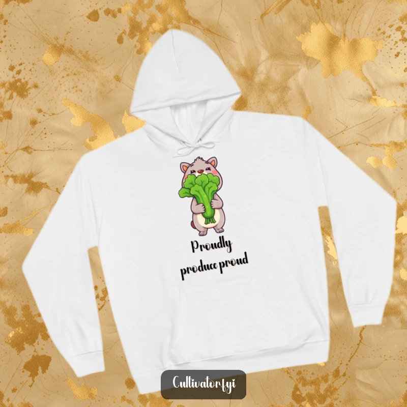 Funny Hoodie depicting an animal character proudly displaying a large, freshly picked vegetable, perfect for garden enthusiasts.