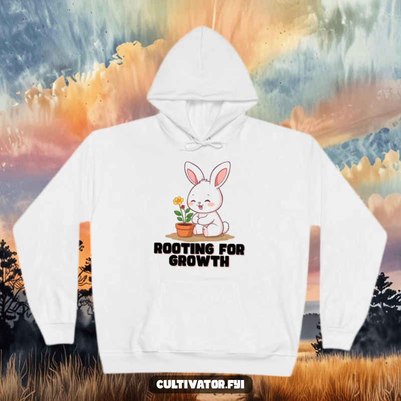 Funny hoodie featuring a smiling bunny character happily caring for a small, vibrant potted plant, ideal for cozy gardening vibes.