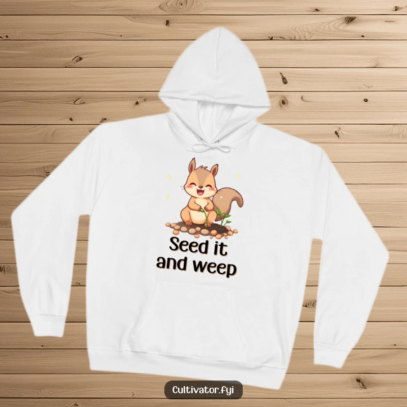 Funny hoodie depicting a joyful squirrel character humorously planting sparkling seeds, offering a warm and funny vibe.