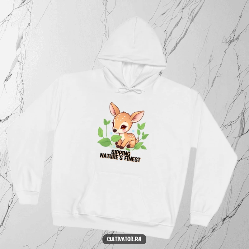 Funny, cozy hoodie showing a focused deer character delicately collecting sparkling dew drops from leaves in a tranquil natural setting.