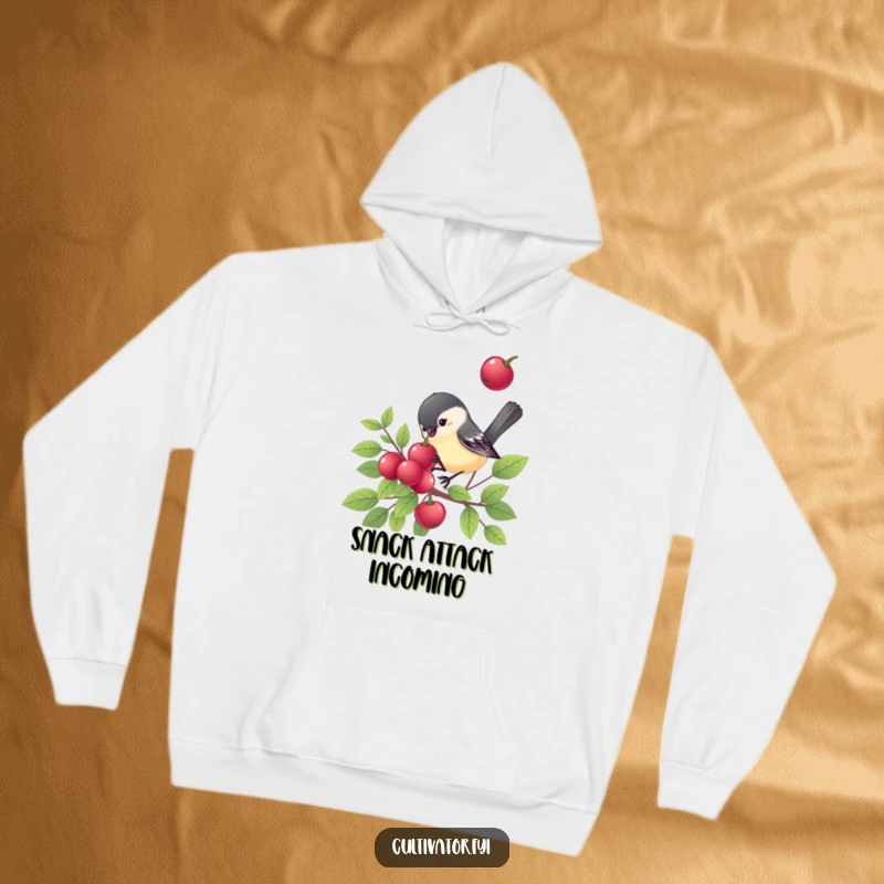 Funny chickadee hoodie, a cheerful bird enjoying a berry, comfortable and warm, humorous nature design, ideal funny gift.