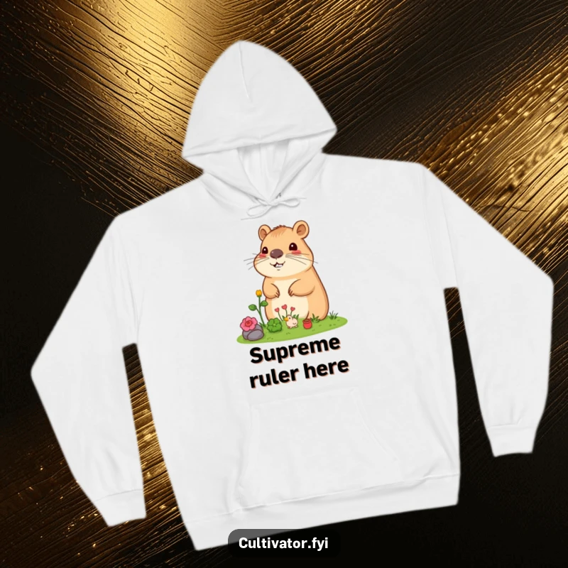 Funny Capybara Hoodie: Relaxed capybara surveying a miniature garden, radiating calm and happiness, excellent funny gift.
