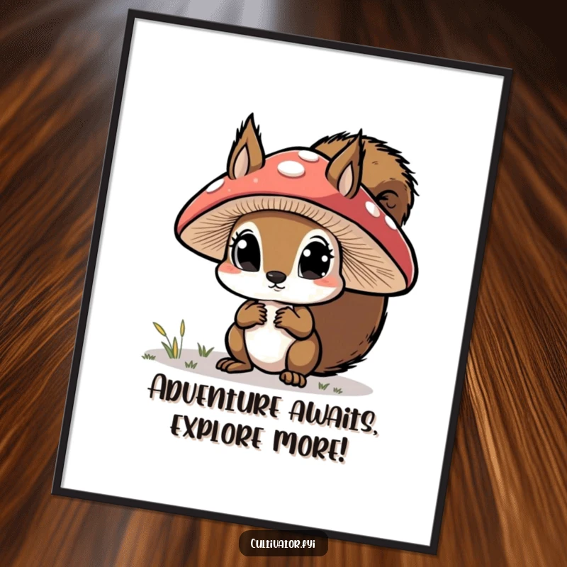 Funny Free Printable Wall Art: Curious squirrel with wide eyes examining a large mushroom cap, charming woodland decor.