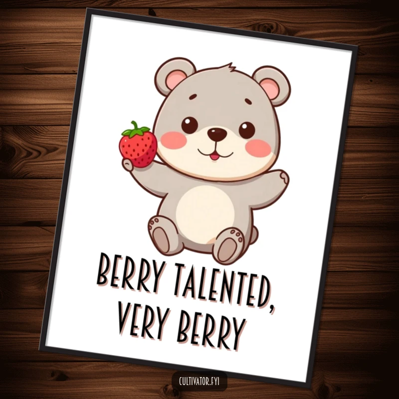 Funny Free Printable Wall Art of a playful bear proudly presenting a single berry, perfect for adding humor to home decor.
