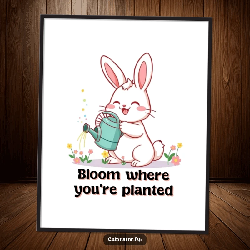 Funny Free Printable Wall Art: A cheerful bunny holding a watering can, sprinkling tiny, delightful flowers with joy, perfect wall decor.