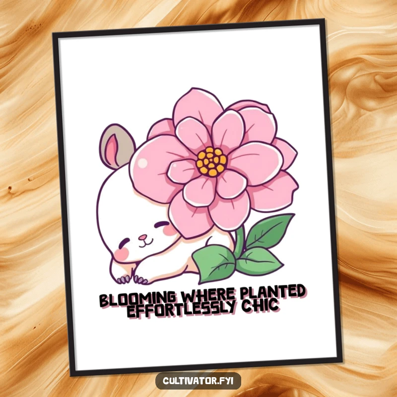 Funny Free Printable Wall Art depicting a serene animal companion resting peacefully beside a large, vibrantly blooming flower, a tranquil scene.