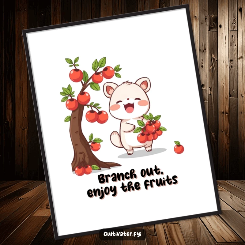 Funny free printable wall art of a joyful animal character happily collecting ripe, colorful fruits from a miniature tree.
