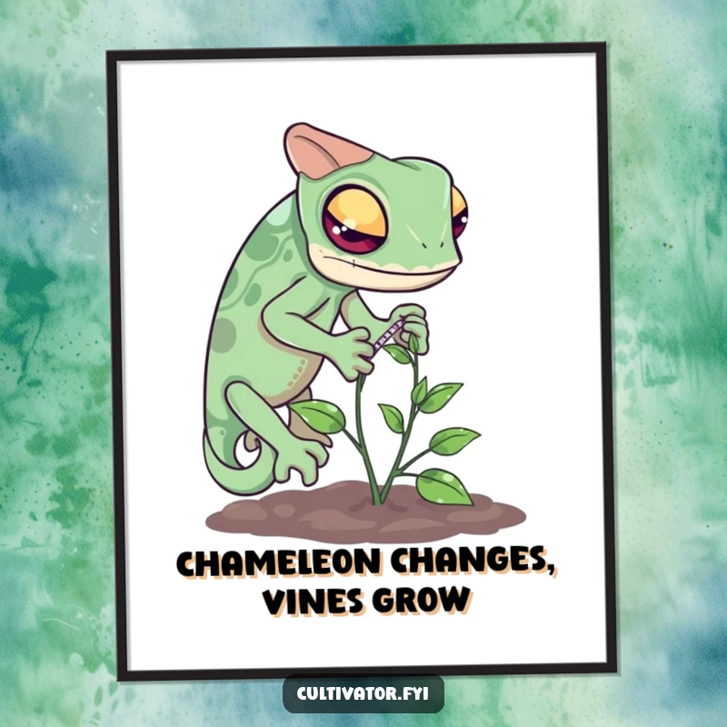Funny Free Printable Wall Art: A curious chameleon intently measuring the growth of a tiny vine, a unique and engaging piece.
