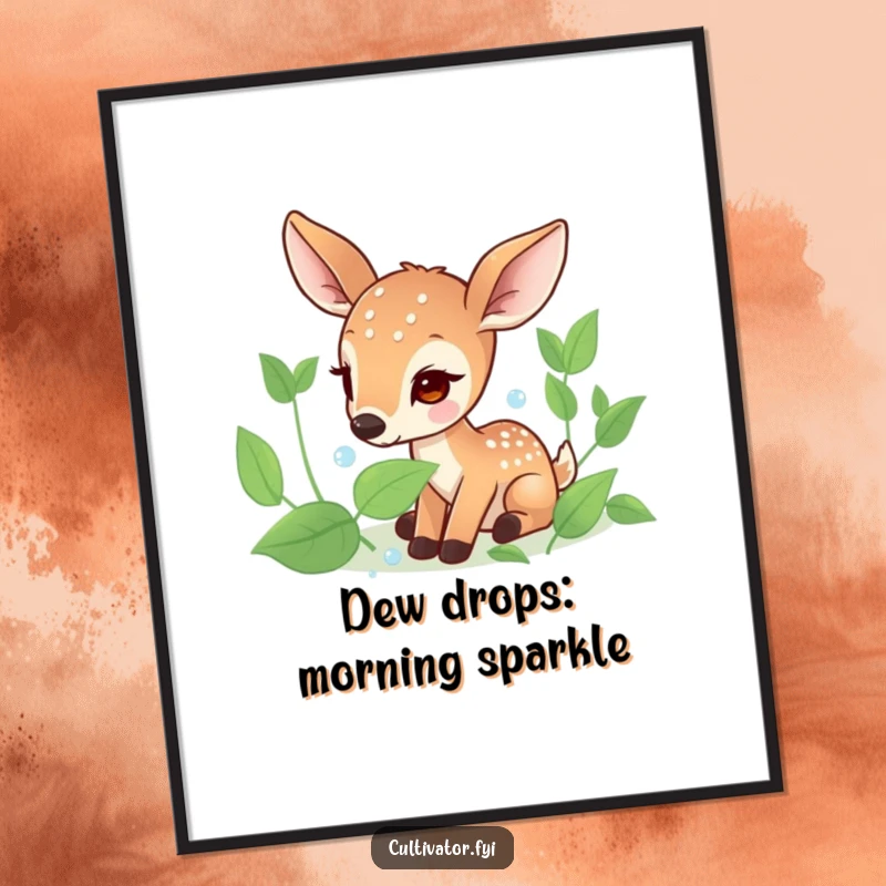 Funny Free Printable Wall Art: Focused deer carefully collects glistening dew drops from leaves, evoking tranquility and natural beauty.