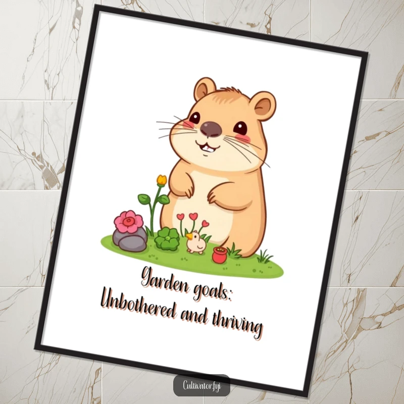 Funny Free Printable Capybara Wall Art: A content capybara surveys a miniature garden, bringing peaceful humor to your space.