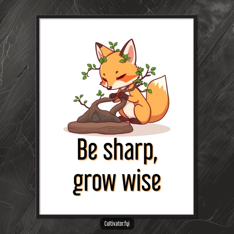 Funny Free Printable Wall Art depicting a determined fox carefully pruning a miniature bonsai tree, showcasing focus and humor.