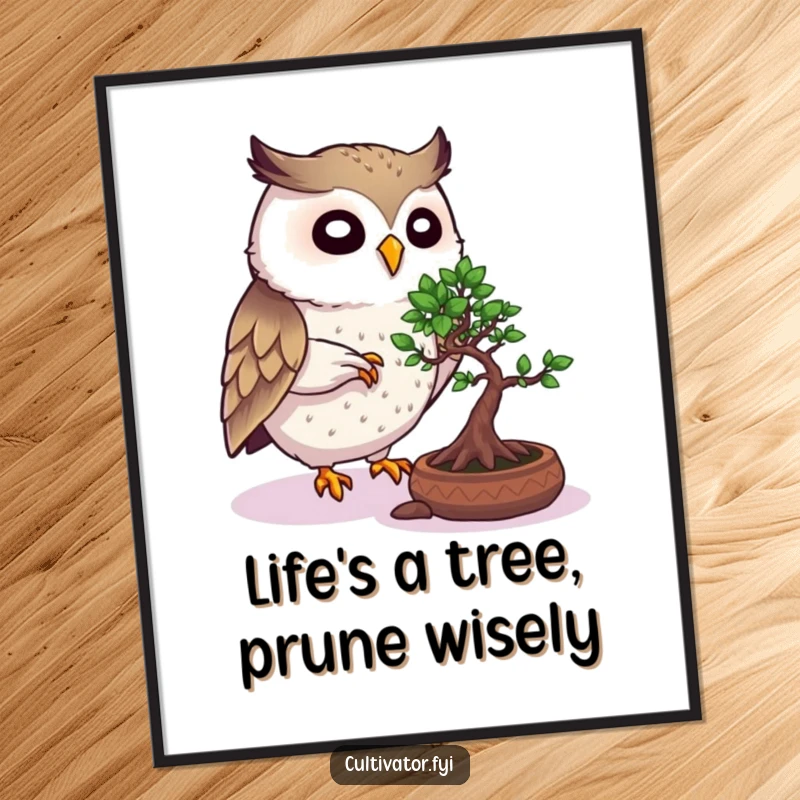 Funny Free Printable Owl Wall Art: A lively owl meticulously prunes a bonsai tree, adding wise humor to your decor.
