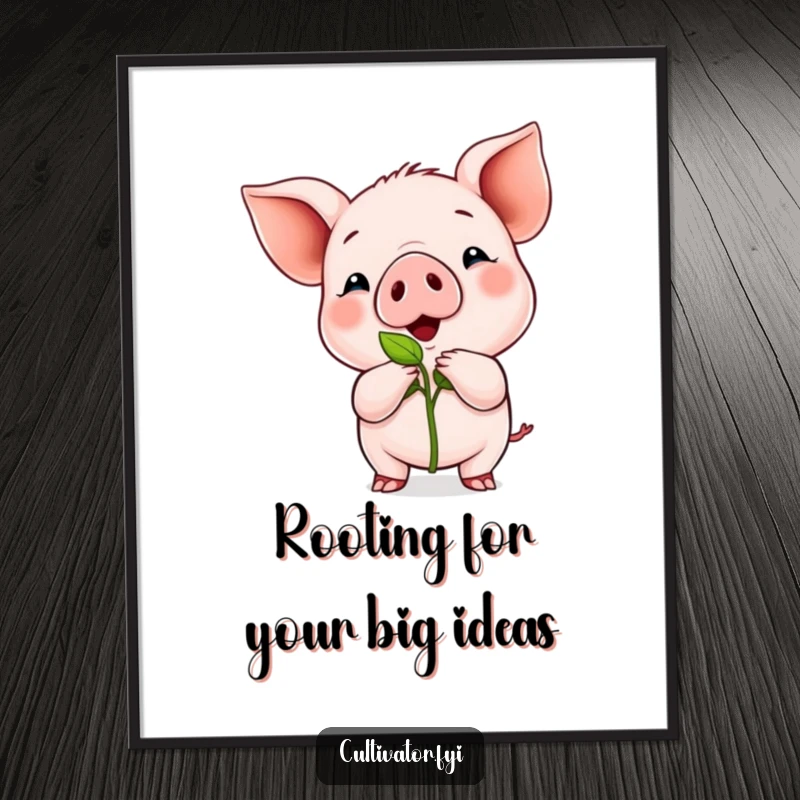 Funny Free Printable Piglet Sprout Wall Art: A proud piglet proudly showing off a tiny green sprout, radiating cuteness and joy.