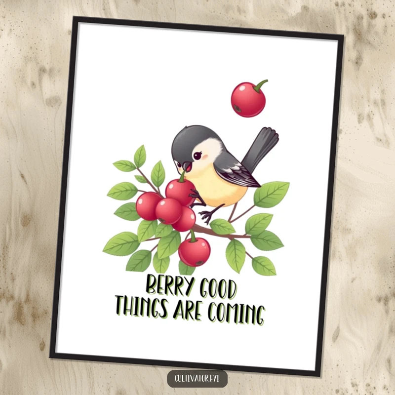 Funny Free Printable Wall Art: A chickadee perched on a bush, happily pecking a berry, adding quirky charm.