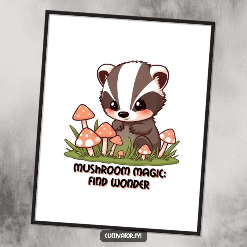 Funny Free Printable Wall Art: Curious badger peeking into a mushroom patch, bringing a sense of wonder and forest magic indoors.
