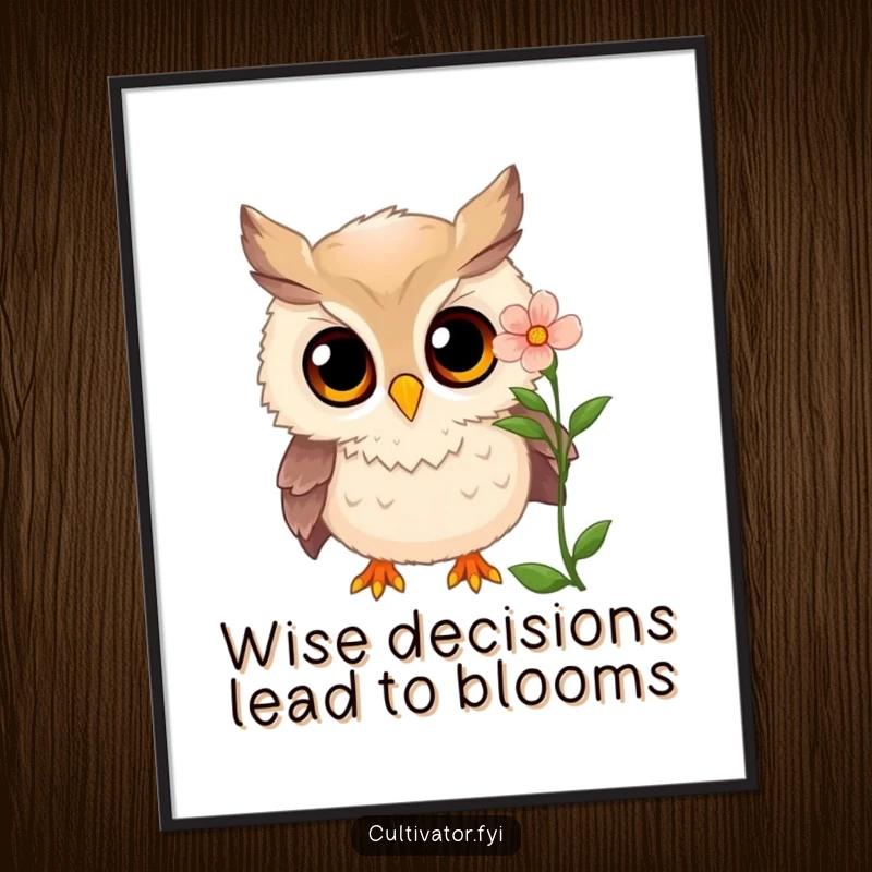 Funny Free Printable Wall Art: Curious owl examining blooming flower, wide amazed eyes, whimsical decor.