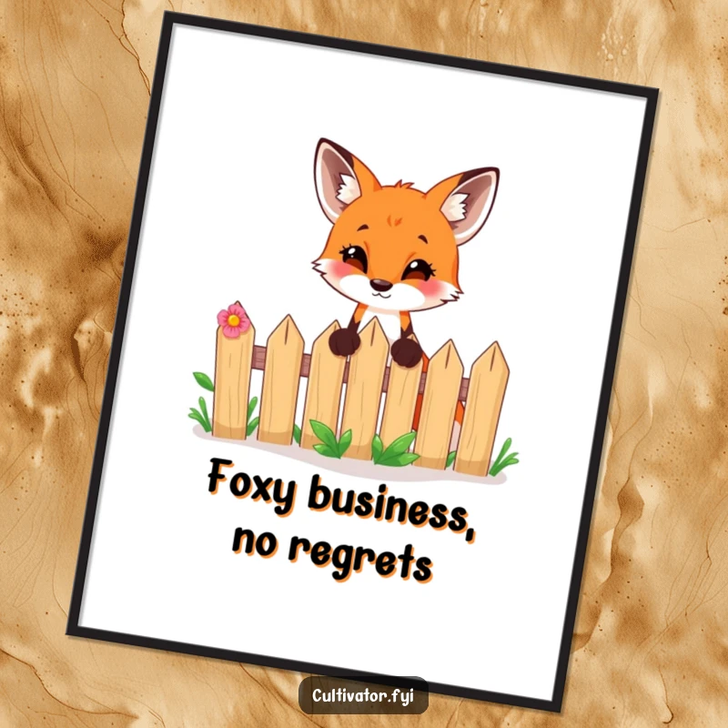 Funny Free Printable Wall Art: A curious fox peeking over a garden fence with an excited expression, charming downloadable art.