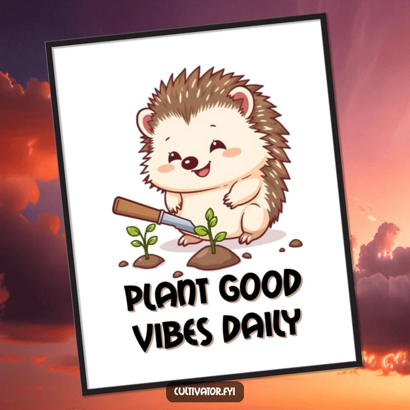 Funny Free Printable Wall Art: A delighted hedgehog with a trowel planting a seed, adding whimsical garden humor.