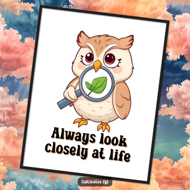 Funny Free Printable Wall Art depicting a curious owl using a magnifying glass to meticulously examine a minuscule leaf, adding unique decor.