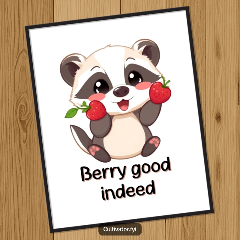 Funny Free Printable Wall Art: Playful badger proudly showing off a freshly picked berry, a humorous woodland piece.
