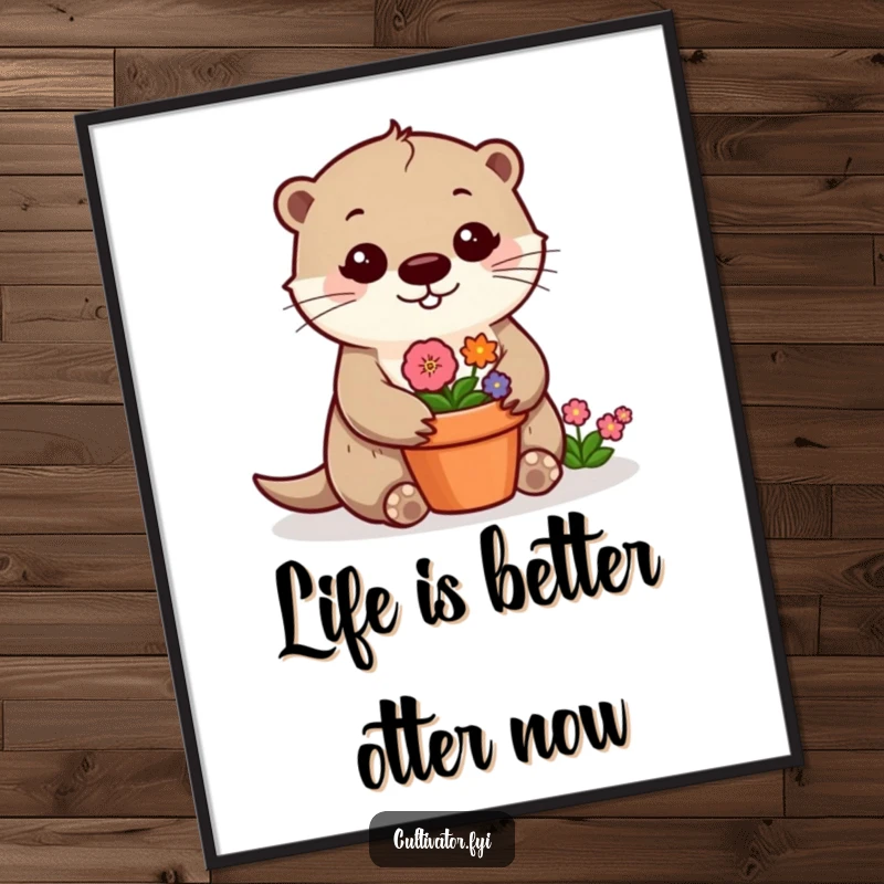 Funny Free Printable Wall Art: A cheerful otter tending a small, vibrant flower pot, full of floral delight.