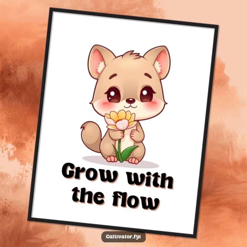 Funny Free Printable Wall Art: A curious animal character inspects a small flower with intense fascination and wonder.