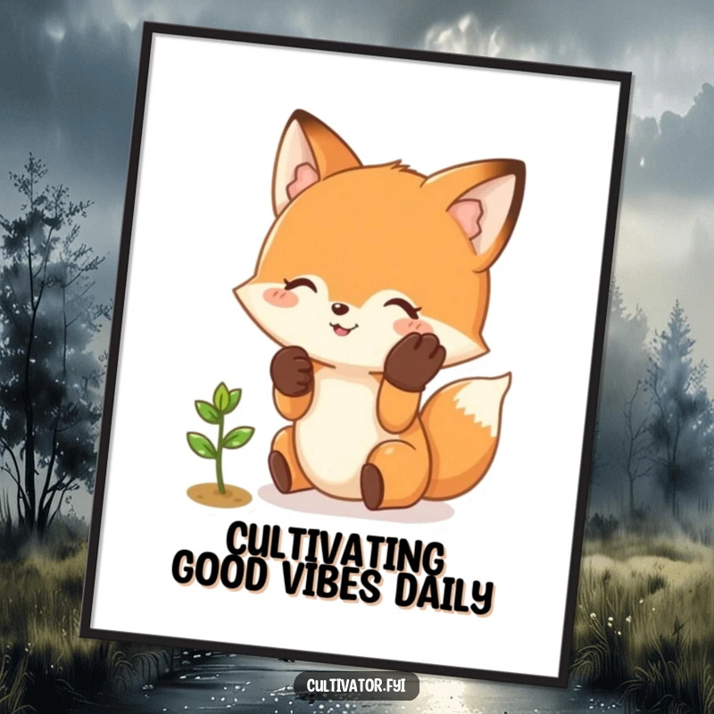 Funny Free Printable Wall Art: Happy fox wearing gloves, gently caring for a small green sprout, cute and inspiring.