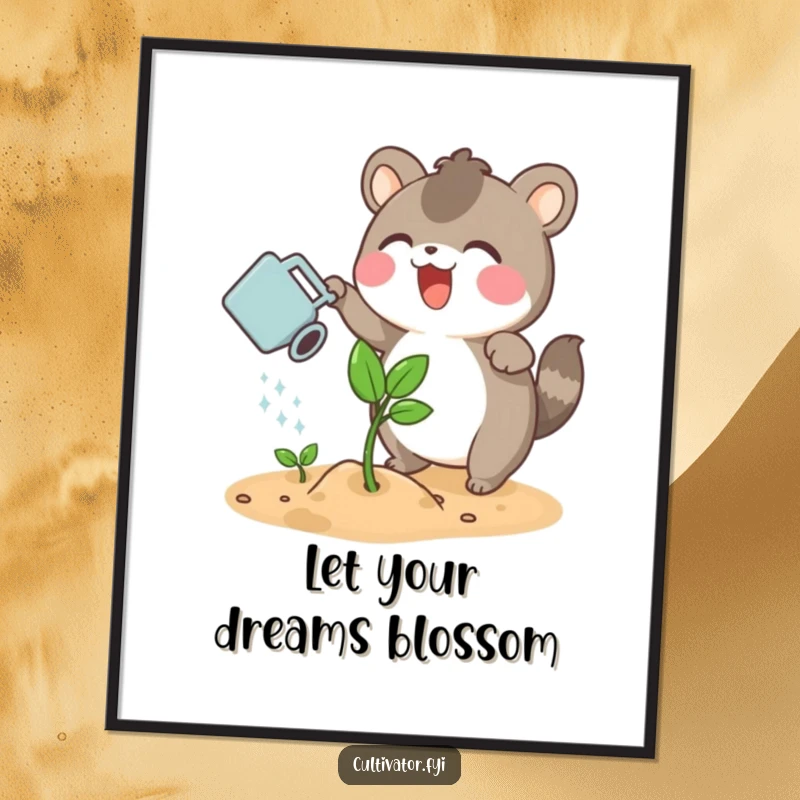 Funny Free Printable Wall Art: An excited animal waters a young plant with a small watering can, bringing life to the scene.