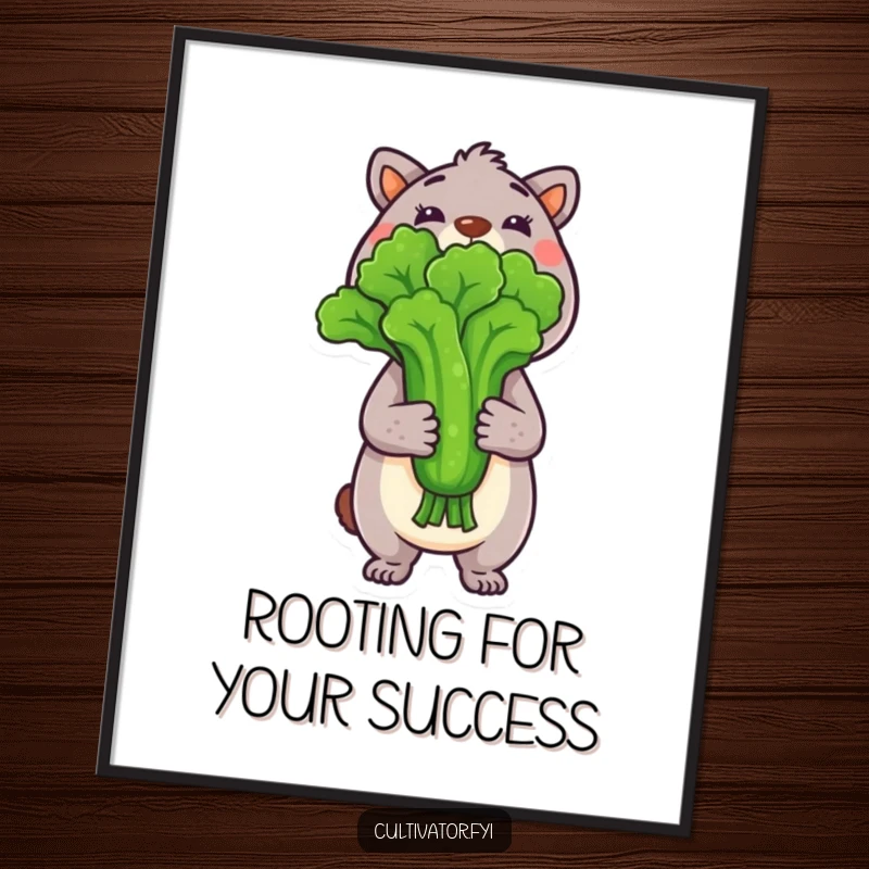 Funny Free Printable Wall Art: An animal proudly displays a large, freshly picked vegetable with a satisfied smile.