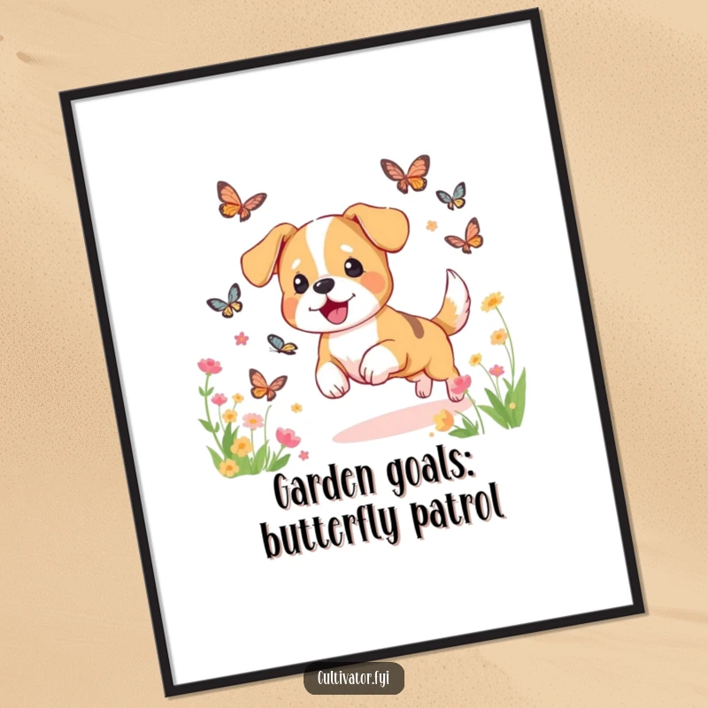 Funny free printable wall art: a dog comically chasing butterflies in a lush garden, capturing a moment of pure, silly joy.