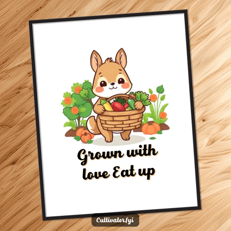 Funny Free Printable Wall Art depicting a cheerful animal character smiling as they offer a basket filled with delicious, fresh produce.