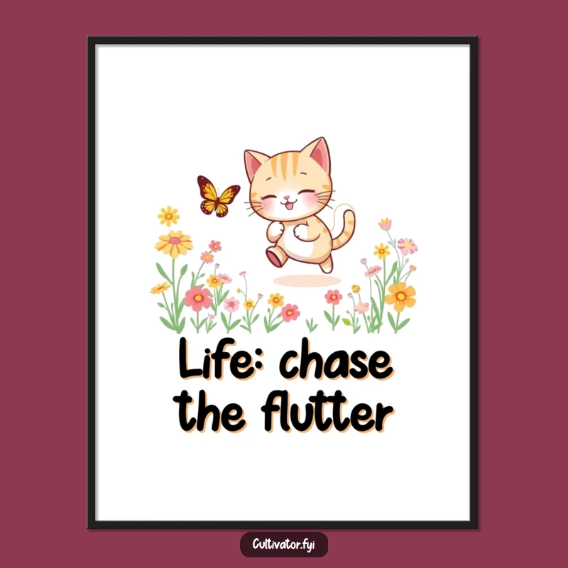 Free Printable Wall Art: Cat Butterfly Flower Field Whimsy Downloadable Art Gift