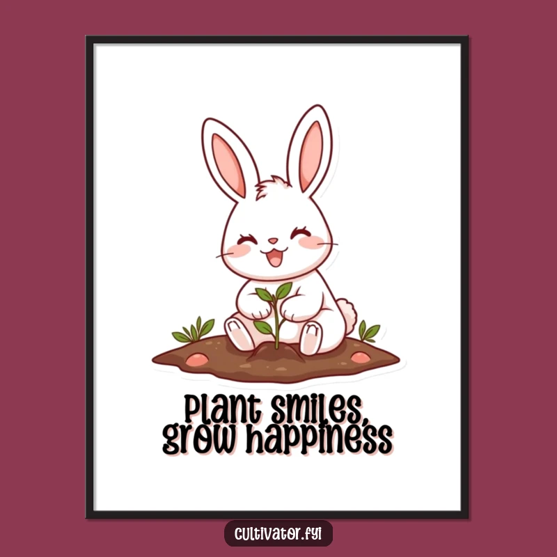 Free Printable Funny Wall Art: Cheerful Rabbit Planting - Whimsical Downloadable Decor