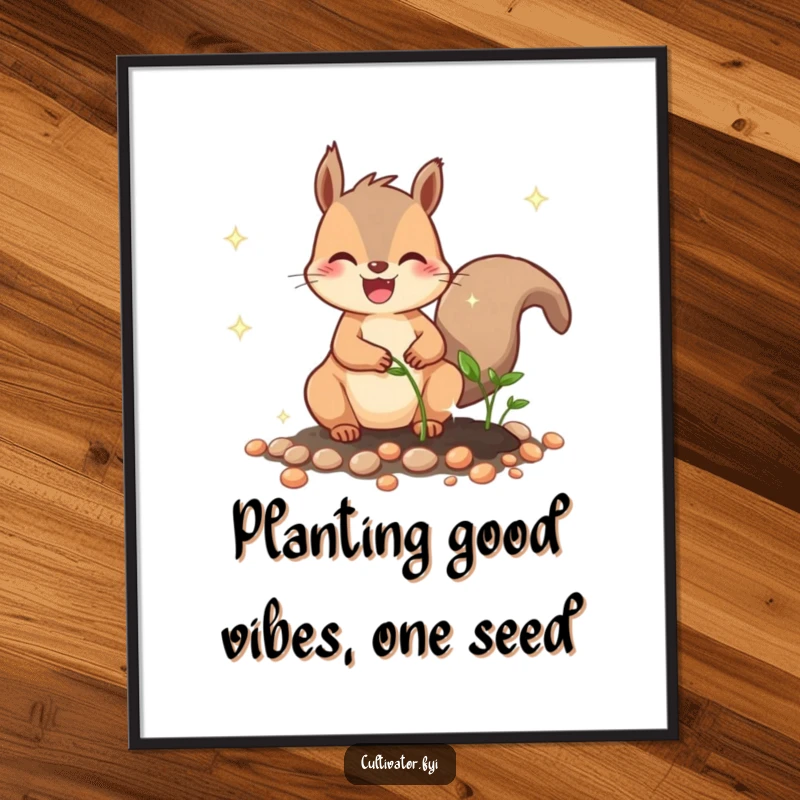 Funny free printable wall art of a cheerful squirrel carefully planting glowing seeds, a whimsical downloadable illustration.