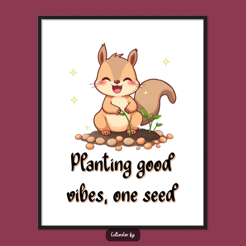 Funny Free Printable Wall Art: Joyful Squirrel Planting Seeds, Quirky Downloadable Art