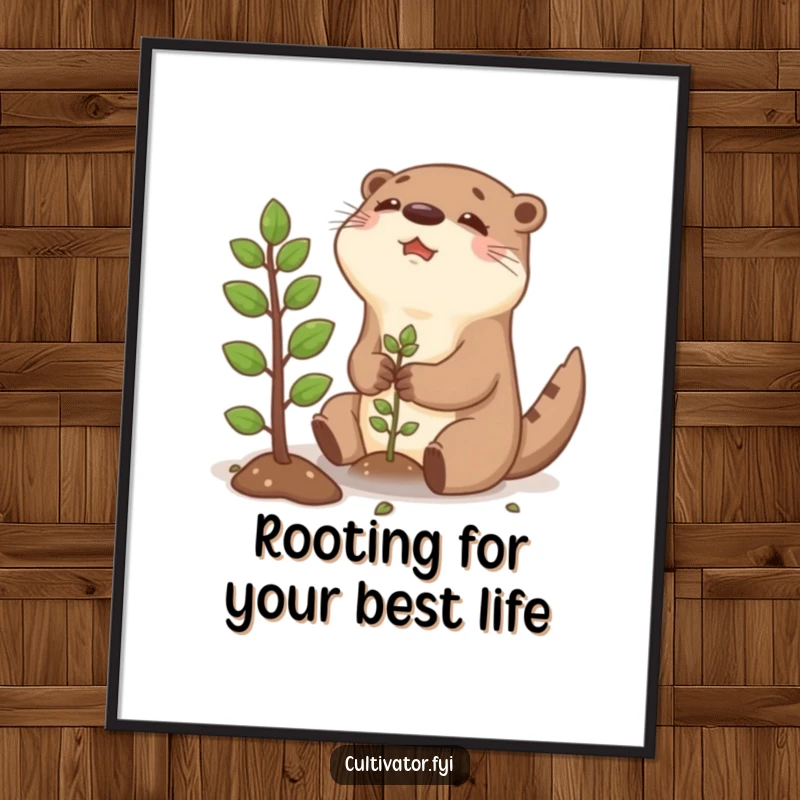 Funny free printable wall art: a happy otter joyfully planting a tiny sapling, radiating warmth and nature's charm.