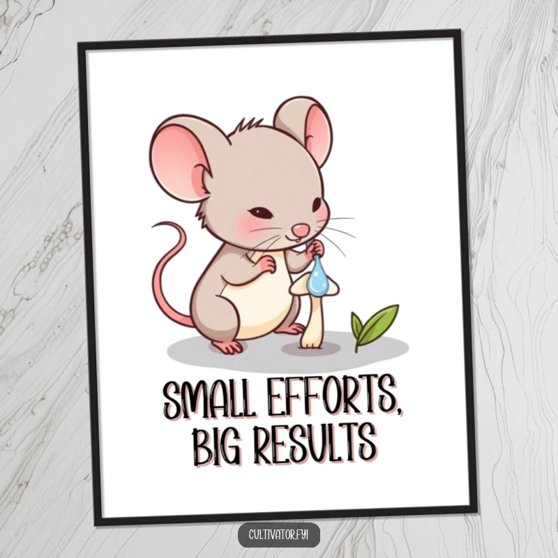 Funny Free Printable Wall Art: A determined mouse using a dropper to water a minuscule mushroom, creating a magical scene.