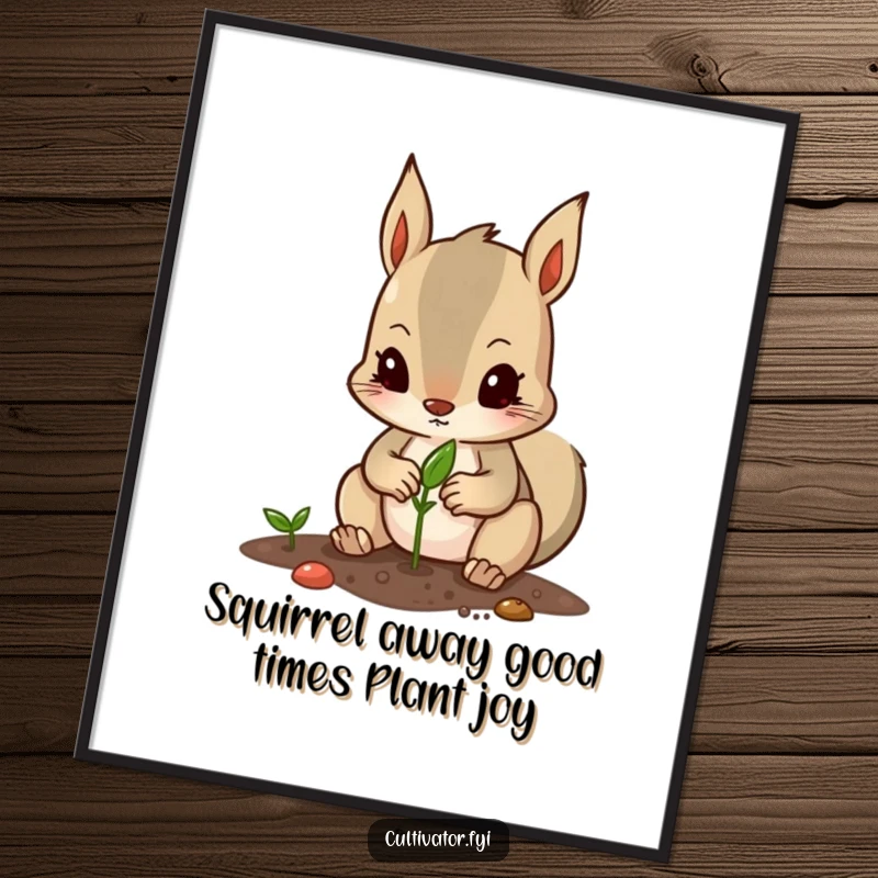 Funny free printable wall art of a determined squirrel carefully planting a seed with its paws, symbolizing growth and nature.