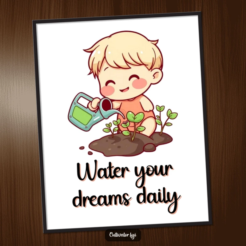 Funny Free Printable Wall Art of a smiling character watering tiny sprouts with a colorful can, creating a cheerful and humorous scene.