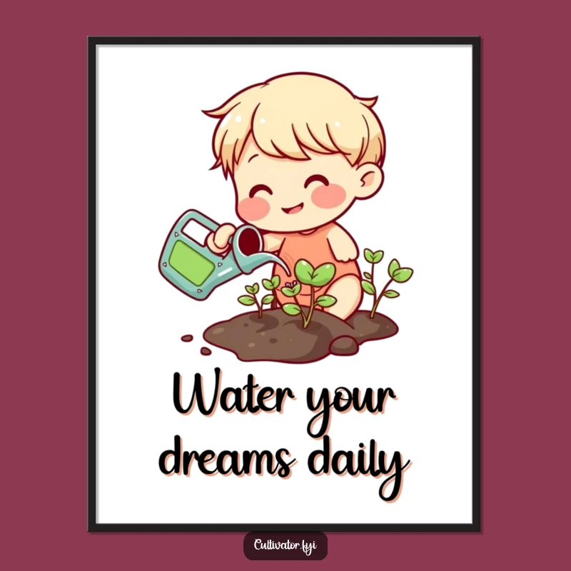 Free Printable Funny Wall Art: Watering Sprouts Character - Whimsical Downloadable Decor