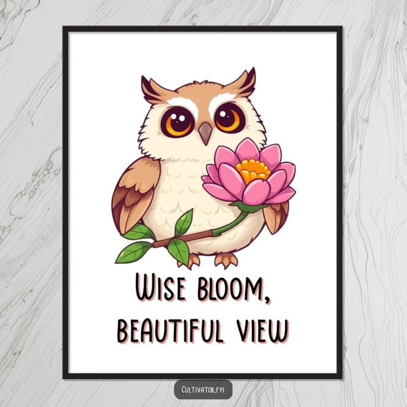 Whimsical Free Printable Wall Art: Joyful owl with wide eyes, mesmerized by a vibrant flower in full bloom, downloadable art.