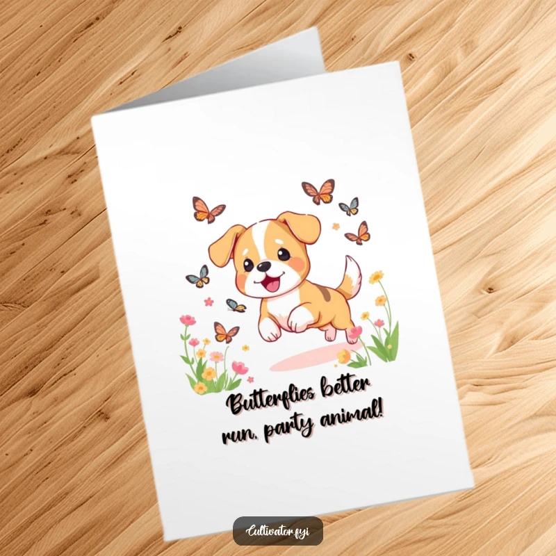 Funny free printable birthday card: energetic dog joyfully chasing colorful butterflies through a vibrant garden, pure canine delight.