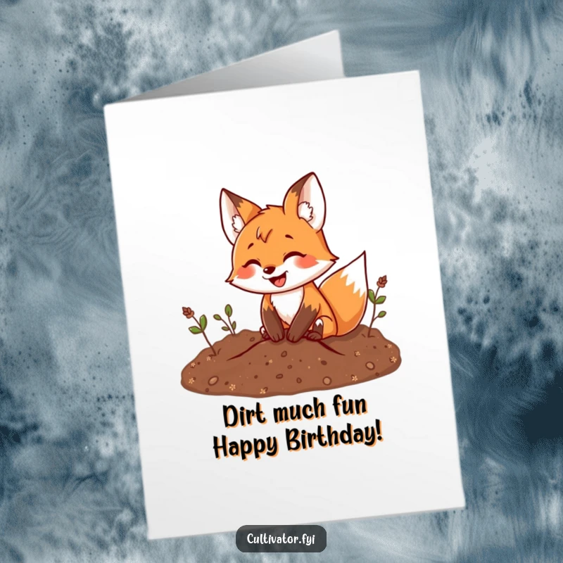 Funny Free Printable Birthday Card: Playful fox digging with a huge smile, perfect for a laugh.
