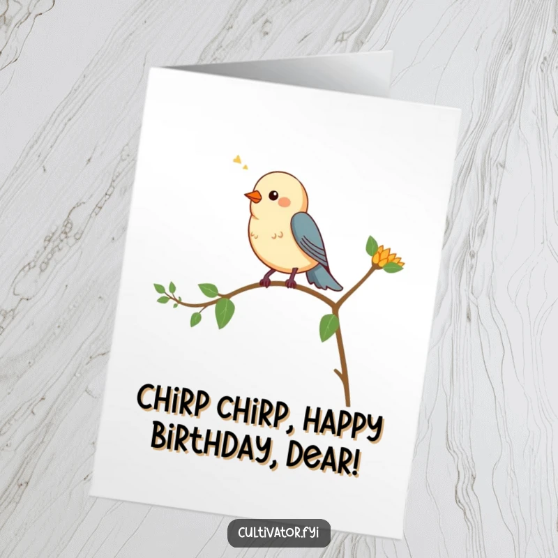 Funny free printable birthday card: a small bird perched on a plant, cheerfully chirping a happy tune.