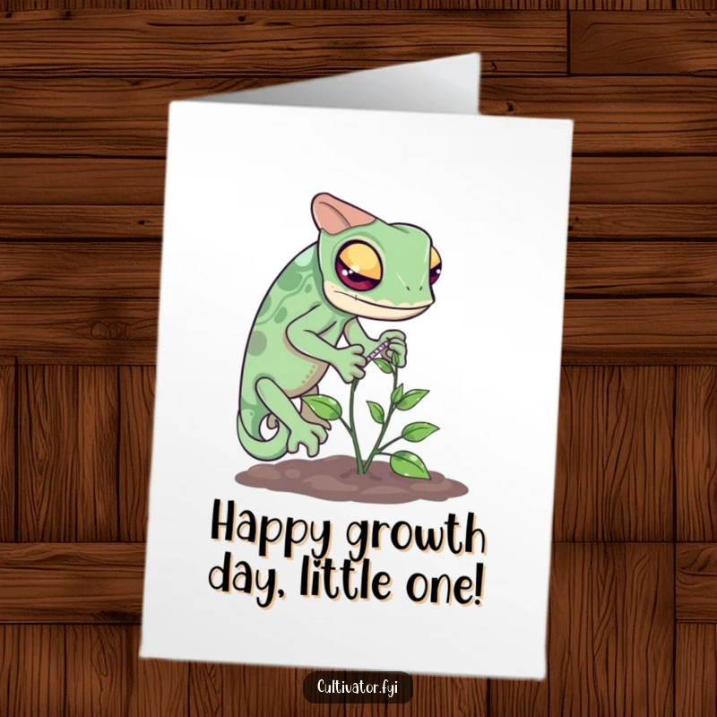 Funny Free Printable Birthday Card: Curious chameleon carefully measuring a tiny vine's growth, wishing happy birthday.