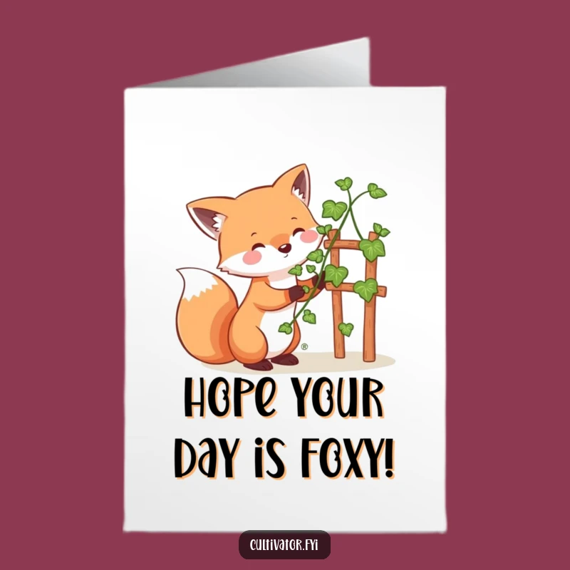 Free Printable Birthday Card: Cheerful Fox Tending Vine - Fun Downloadable Gift