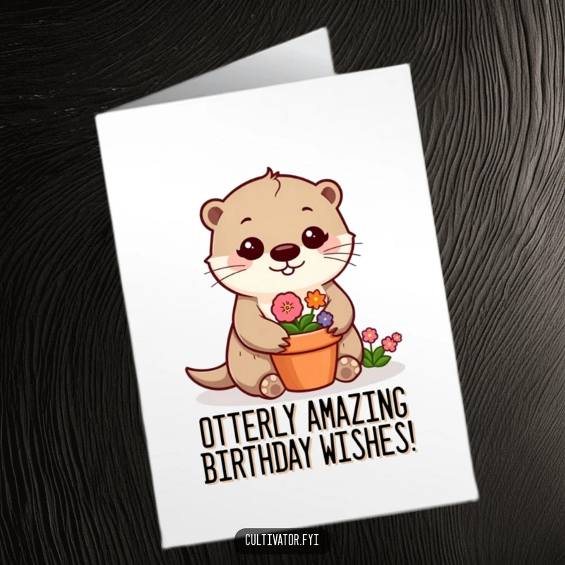 Funny Free Printable Birthday Card: Cheerful otter tending a vibrant flower pot, celebrating with floral fun.