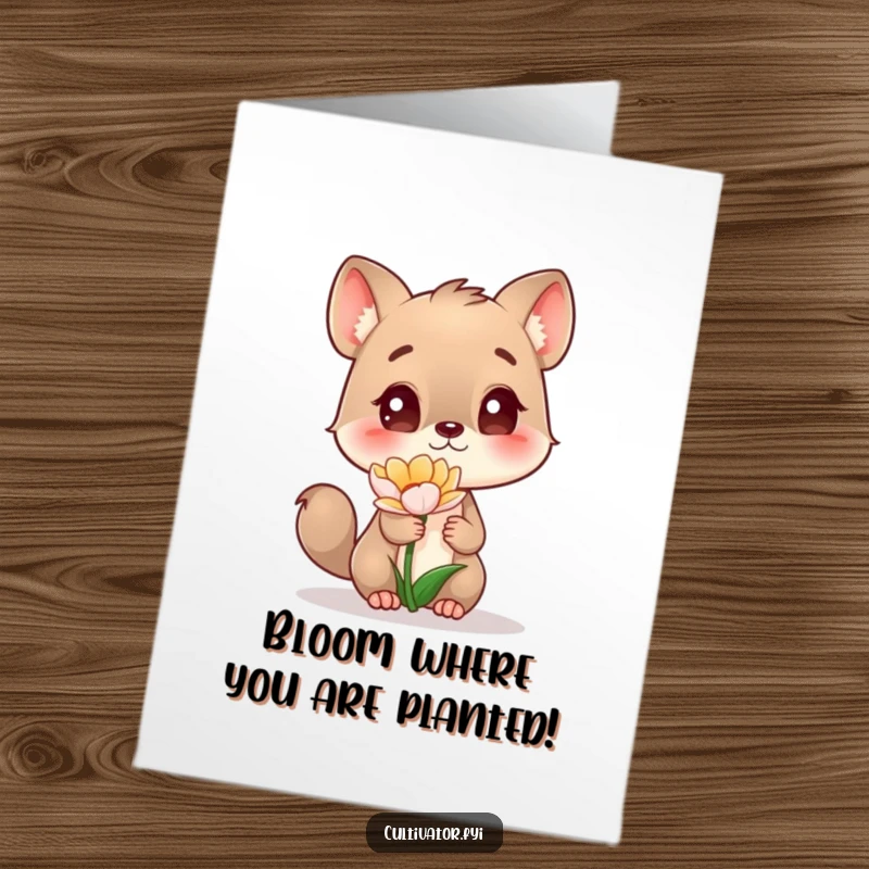 Funny Free Printable Birthday Card: A curious animal marvels at a blooming flower, showcasing wonder and delight.