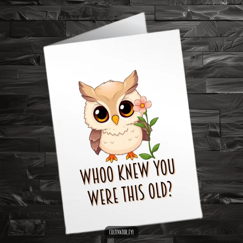 Funny Free Printable Birthday Card: Curious owl examining flower, wide amazed eyes, joyful discovery.