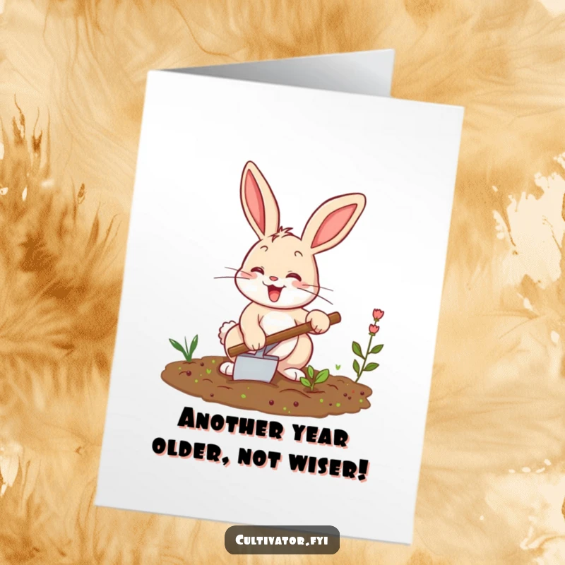 Funny Free Printable Birthday Card: Excited bunny with a trowel, digging in soil, ready for a birthday celebration, downloadable art.